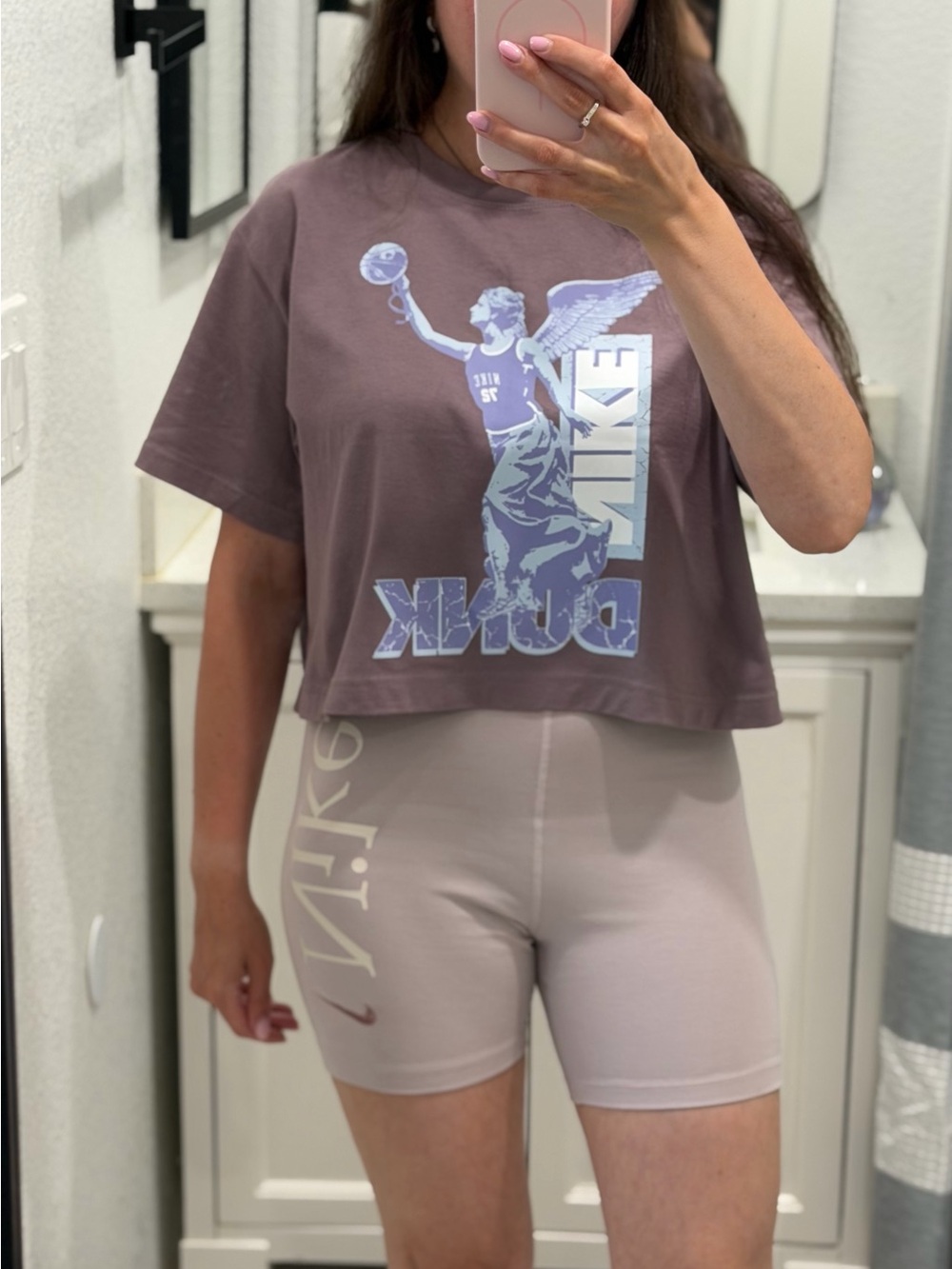 Nike Women’s Mauve High-Rise Bike Shorts with Side Logo and Nike tee